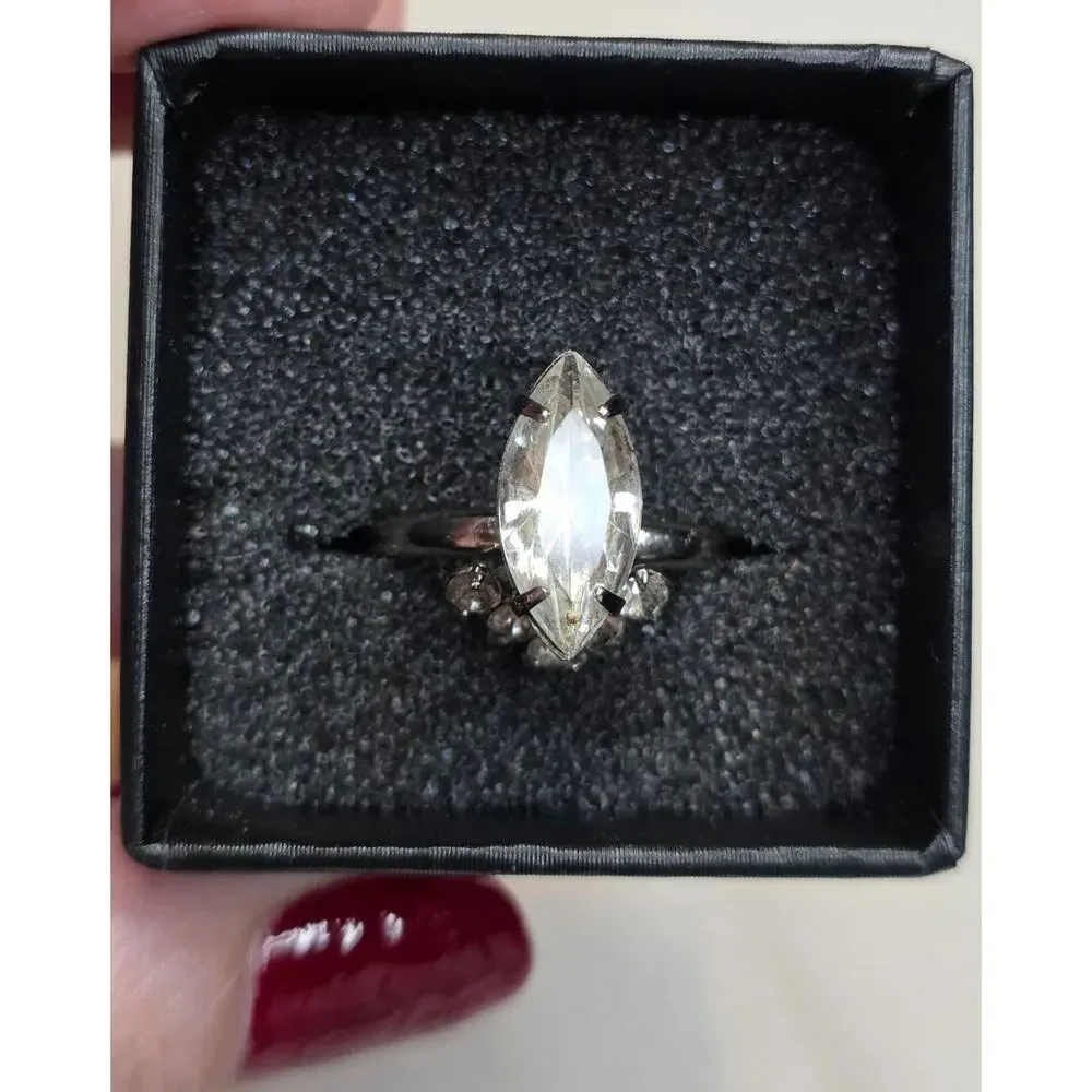 Marquise Cut Solitaire Silver Tone Ring‎ Adjustable 6.5